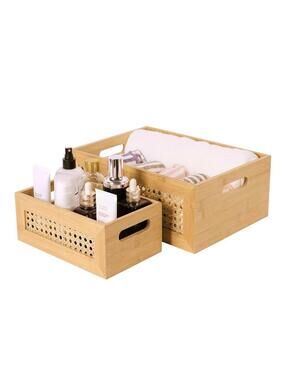 Rattan Storage Basket Set - 2 Pack Handmade Natural Bamboo Woven Storage Boxes